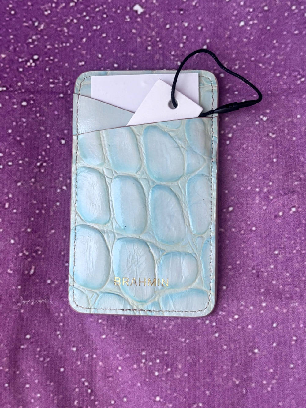 Brahmin Pale Blue Croc-Embossed Card Case with Gold Logo